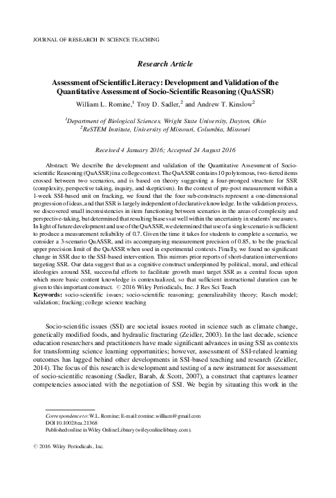 (PDF) Assessment of scientific literacy: Development and validation of ...