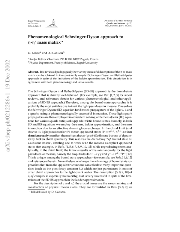 (PDF) Phenomenological Schwinger-Dyson approach to eta-eta' mass matrix