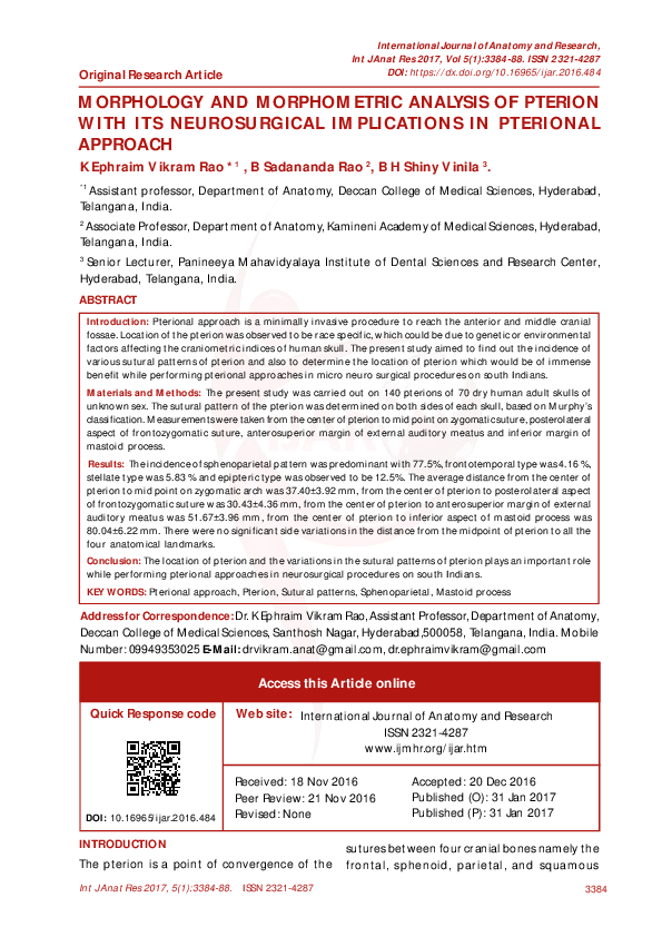 (PDF) Morphology and Morphometric Analysis of Pterion with Its ...