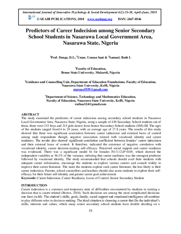 (PDF) Predictors of Career Indecision among Senior Secondary School ...