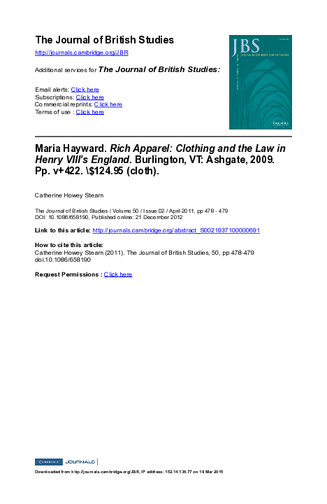 Rich Apparel　Maria Hayward Rich Apparel: Clothing and the Law in Henry VIII's England | Maria
