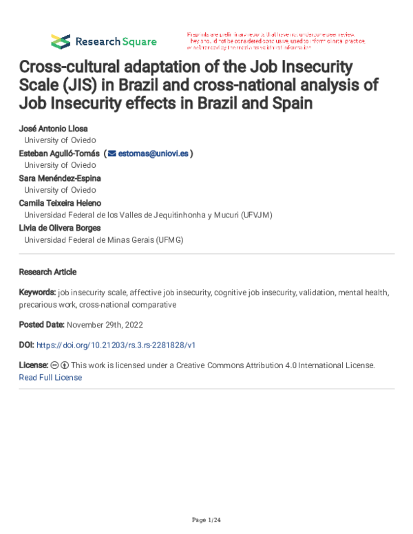 (PDF) Cross-cultural adaptation of the Job Insecurity Scale (JIS) in ...