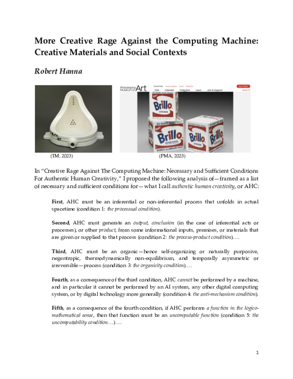 More Creative Rage Against the Computing Machine: Creative Materials and Social Contexts (September 2023 version)