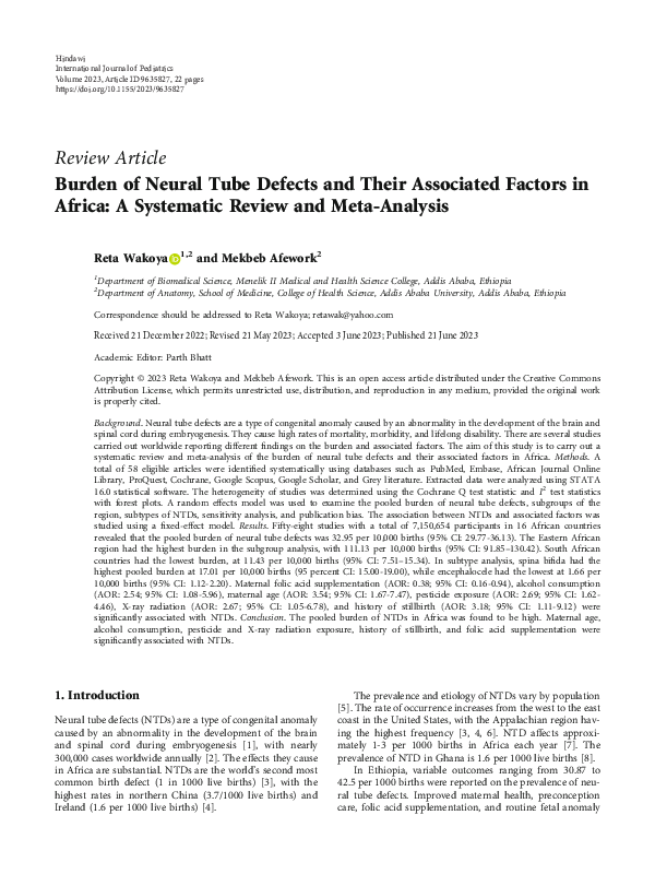 (PDF) Burden of Neural Tube Defects and Their Associated Factors in ...