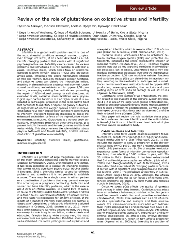 glutathione for infertility PDF) Review on the role of glutathione on oxidative stress and infertility