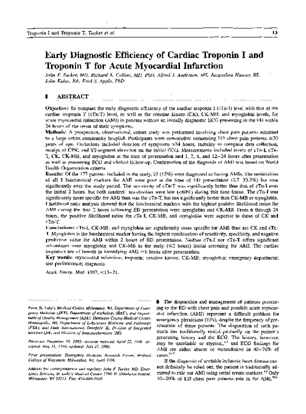 (PDF) Early Diagnostic Efficiency of Cardiac Troponin I and Troponin T ...