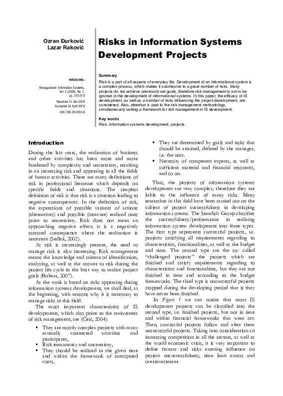(PDF) Risks in Information Systems Development Projects