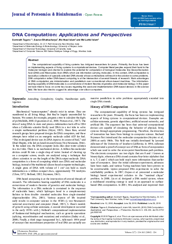 (PDF) DNA Computation: Applications and Perspectives