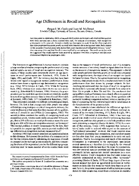 (PDF) Age differences in recall and recognition