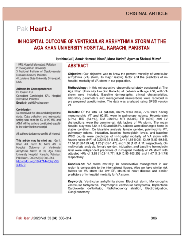 (PDF) In Hospital Outcome of Ventricular Arrhythmia Storm at the Aga ...