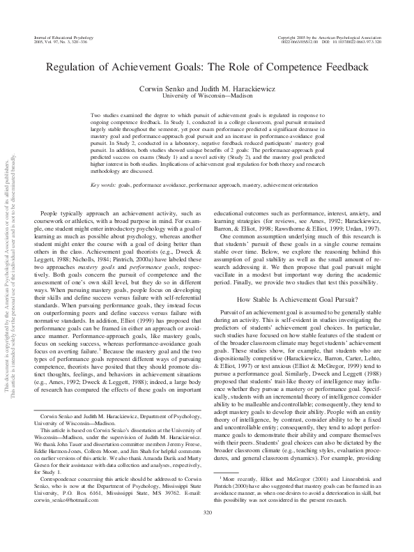 (PDF) Regulation of Achievement Goals: The Role of Competence Feedback