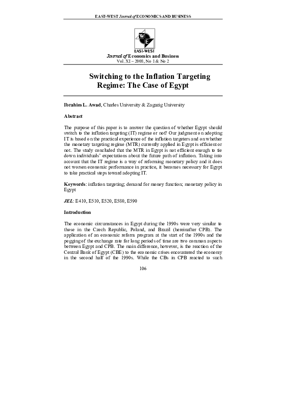 (PDF) Switching to the Inflation Targeting Regime: The Case of Egypt