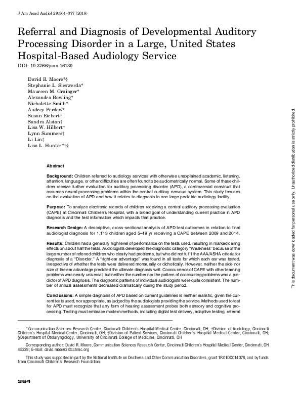 (PDF) Referral and Diagnosis of Developmental Auditory Processing ...