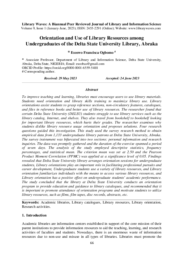 (PDF) Orientation and Use of Library Resources among Undergraduates of ...