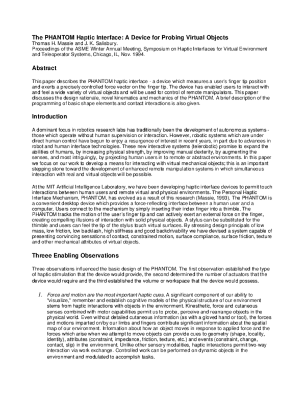 (PDF) The phantom haptic interface: A device for probing virtual objects