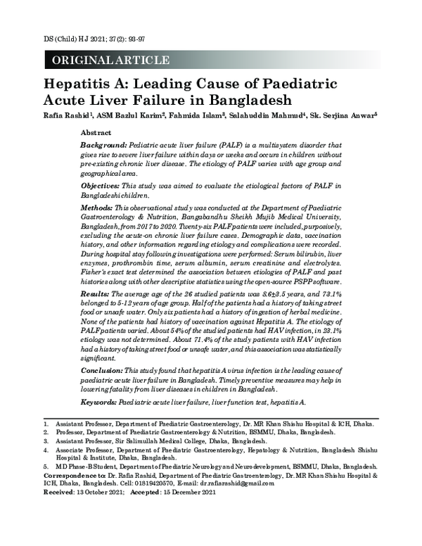 (PDF) Hepatitis A: Leading Cause of Paediatric Acute Liver Failure in ...