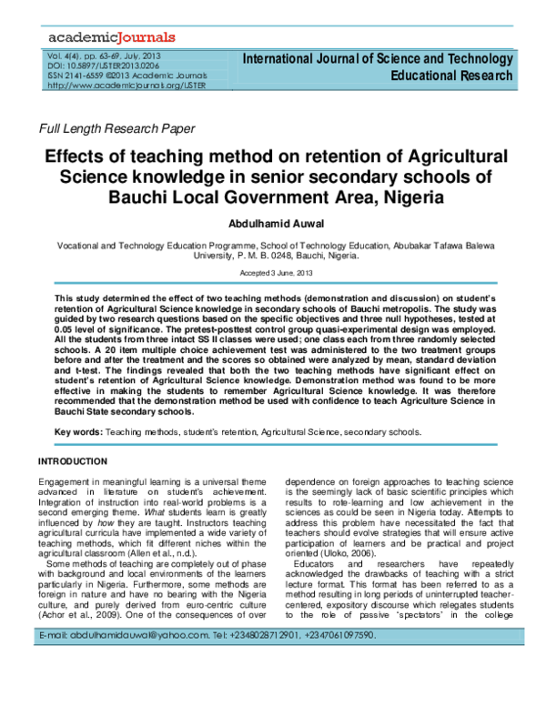 (PDF) Effects of teaching method on retention of Agricultural Science ...