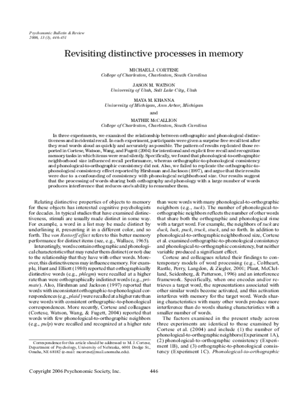 (PDF) Revisiting distinctive processes in memory