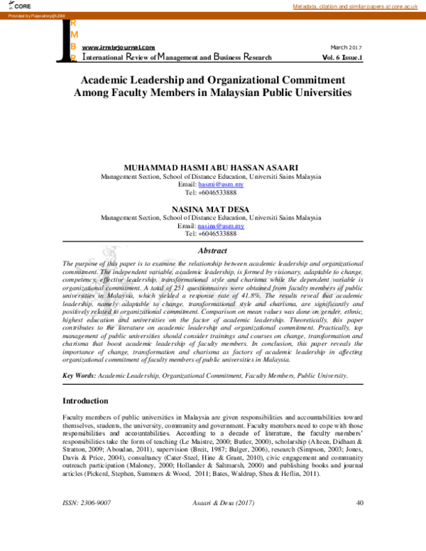 (PDF) Academic Leadership and Organization Commitment Among Faculty ...