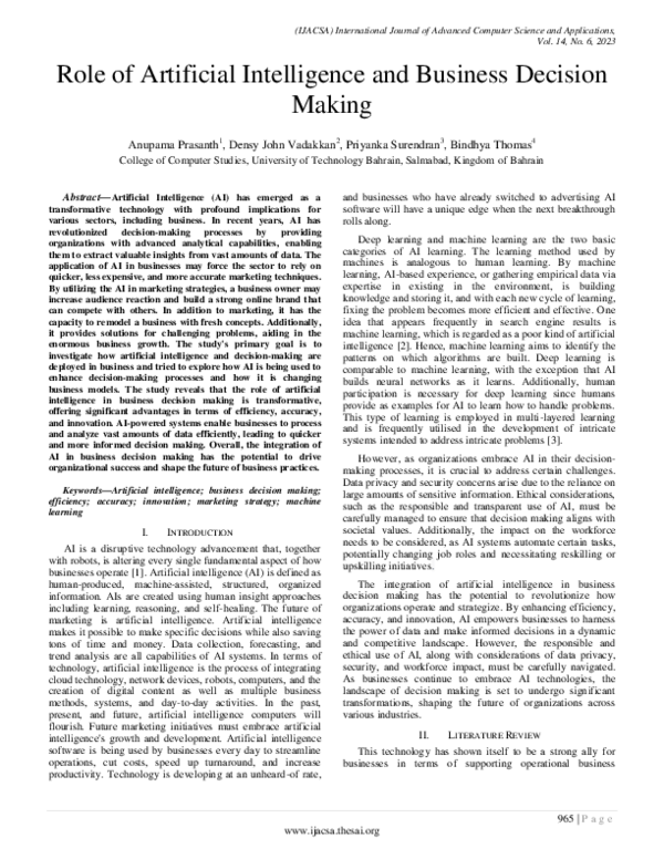 (PDF) Role of Artificial Intelligence and Business Decision Making