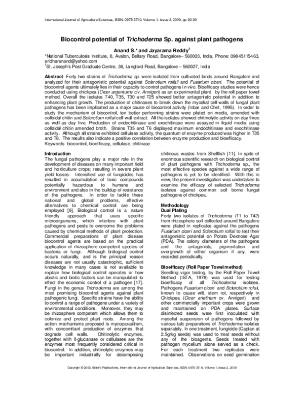 (PDF) Biocontrol potential of Trichoderma Sp. against plant pathogens