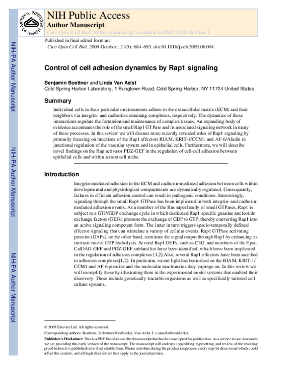 (PDF) Control of cell adhesion dynamics by Rap1 signaling