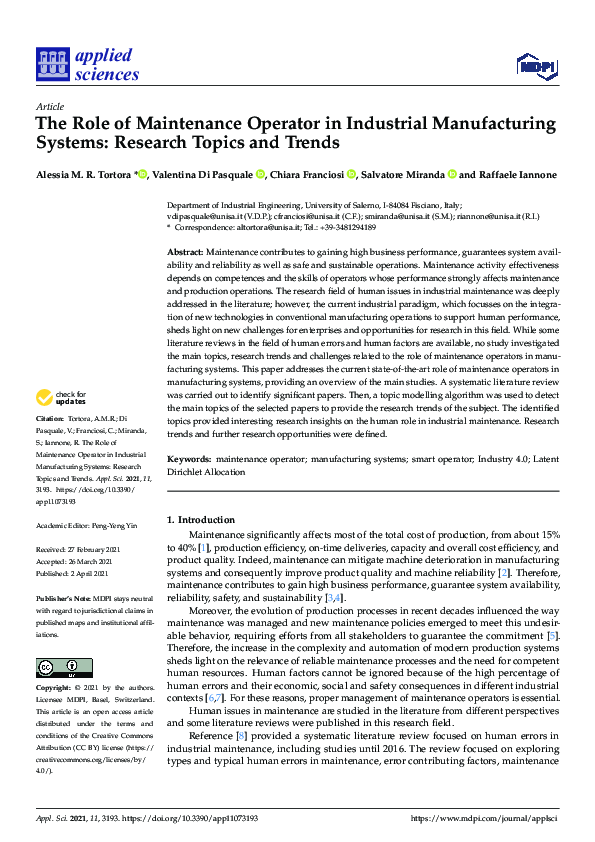 (PDF) The Role of Maintenance Operator in Industrial Manufacturing ...