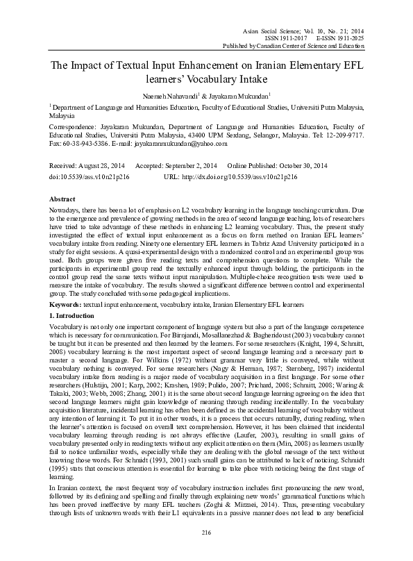 (PDF) The Impact of Textual Input Enhancement on Iranian Elementary EFL ...