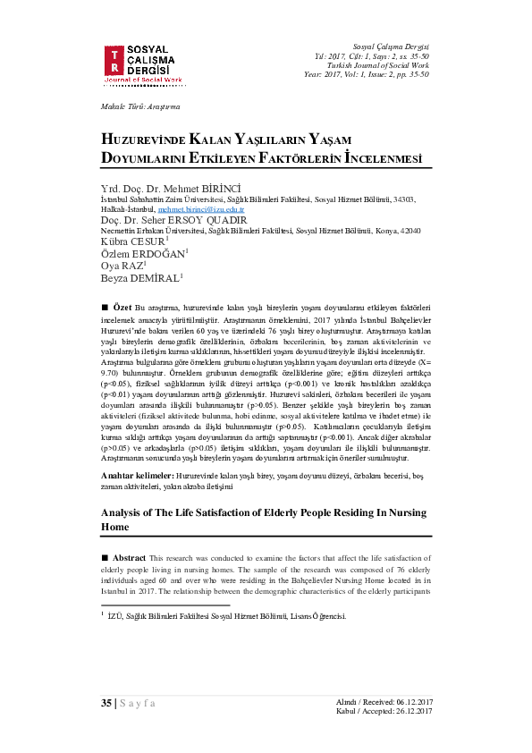 (PDF) Analysis of the Life Satisfaction of Elderly People Residing in ...