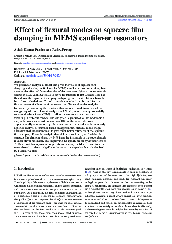 (PDF) Effect of flexural modes on squeeze film damping in MEMS ...