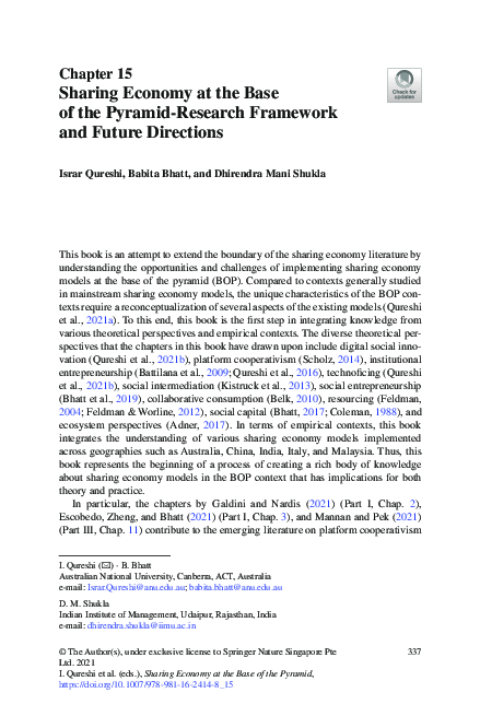 (PDF) Sharing Economy at the Base of the Pyramid-Research Framework and ...
