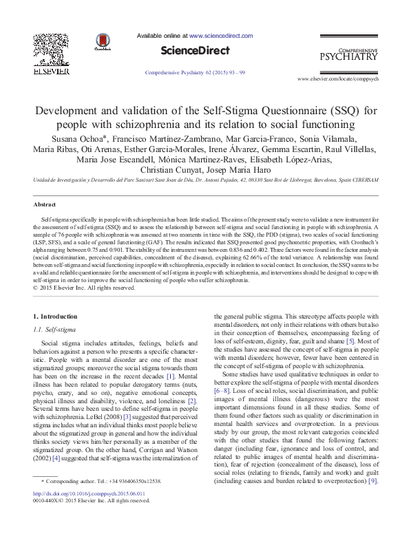 (PDF) Development and validation of the Self-Stigma Questionnaire (SSQ ...