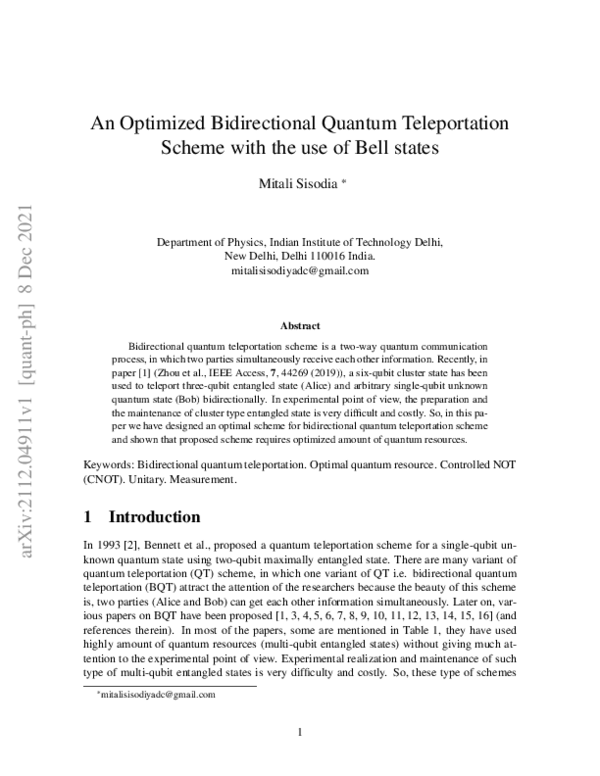 (PDF) An Optimized Bidirectional Quantum Teleportation Scheme with the ...