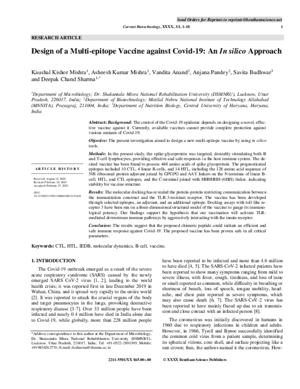 (PDF) Design of a Multi-epitope Vaccine against Covid-19: An In silico ...
