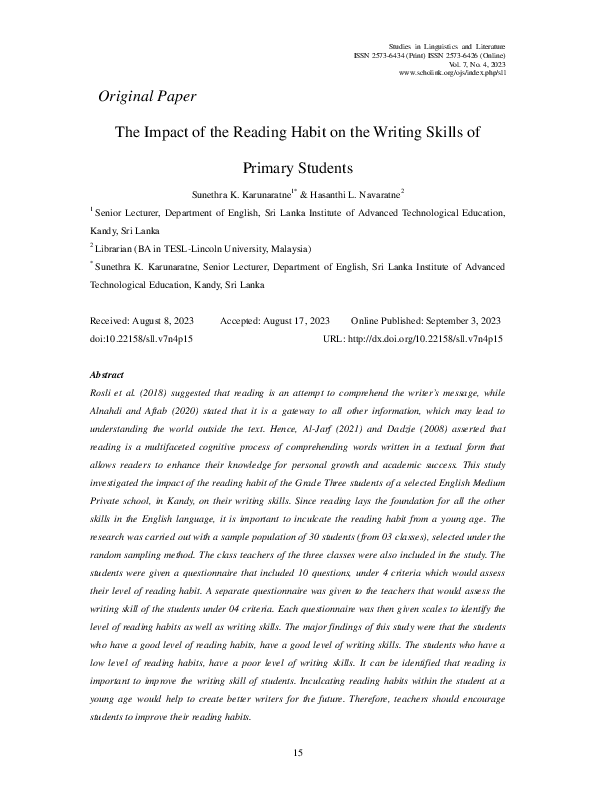 (PDF) The Impact of the Reading Habit on the Writing Skills of Primary ...