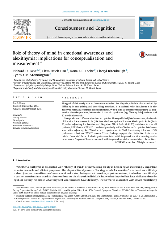 (PDF) Role of theory of mind in emotional awareness and alexithymia ...