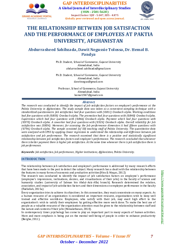 (PDF) THE RELATIONSHIP BETWEEN JOB SATISFACTION AND THE PERFORMANCE OF ...