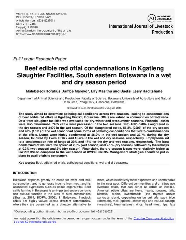 (PDF) Beef edible red offal condemnations in Kgatleng Slaughter ...