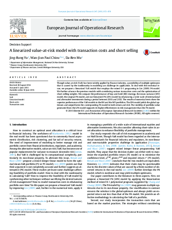 (PDF) A linearized value-at-risk model with transaction costs and short ...