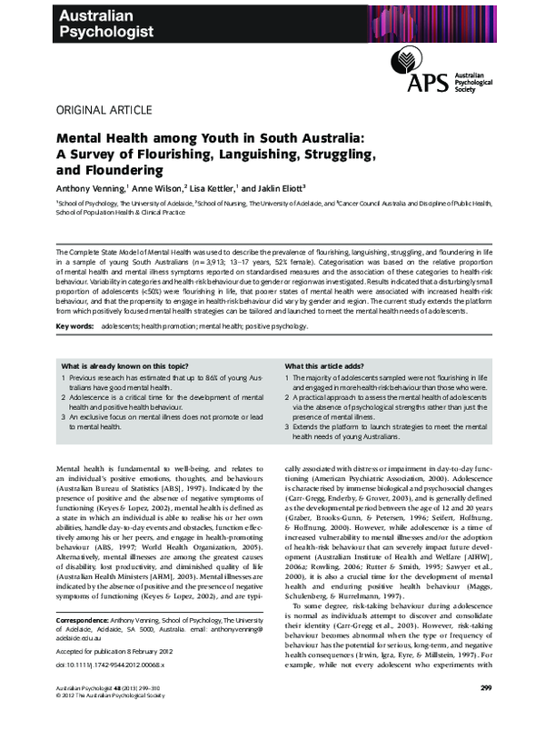 (PDF) Mental Health among Youth in South Australia A Survey of