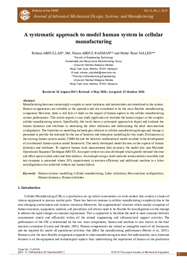 (PDF) A systematic approach to model human system in cellular manufacturing