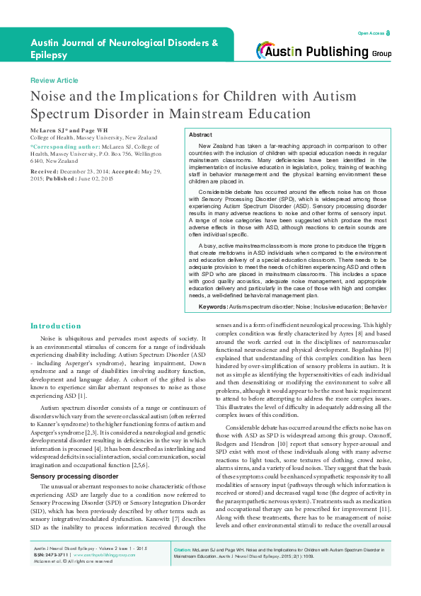 (PDF) Noise and the Implications for Children with Autism Spectrum ...
