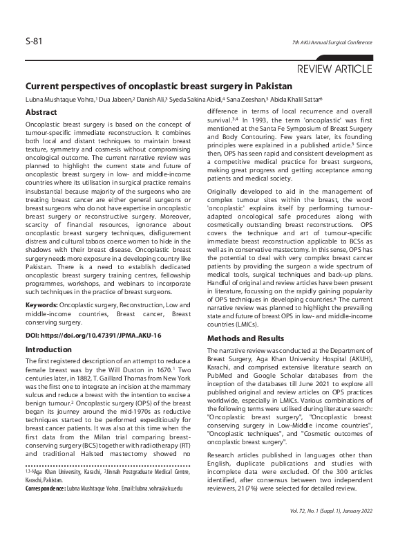 (PDF) Current perspectives of oncoplastic breast surgery in Pakistan