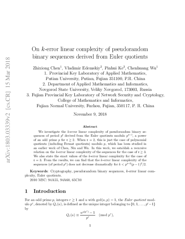 (PDF) On $k$-error linear complexity of pseudorandom binary sequences ...