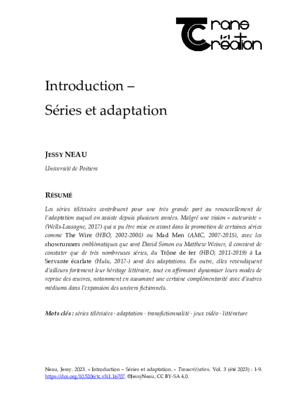 (PDF) Introduction- Séries télévisées et adaptation