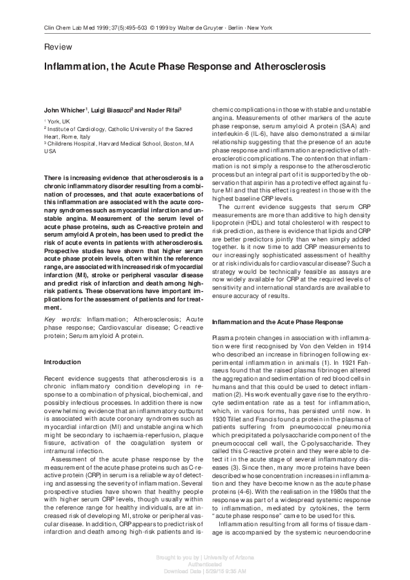 (PDF) Inflammation, the Acute Phase Response and Atherosclerosis