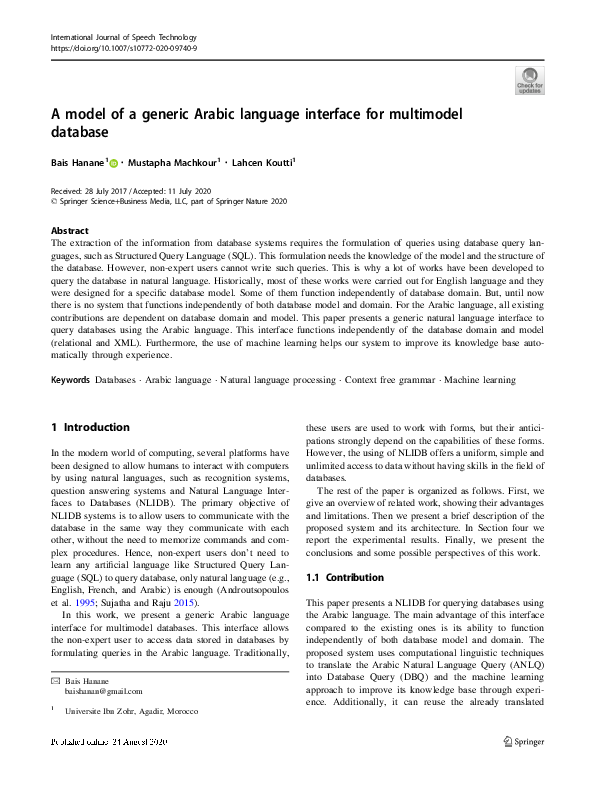 (PDF) A model of a generic Arabic language interface for multimodel ...