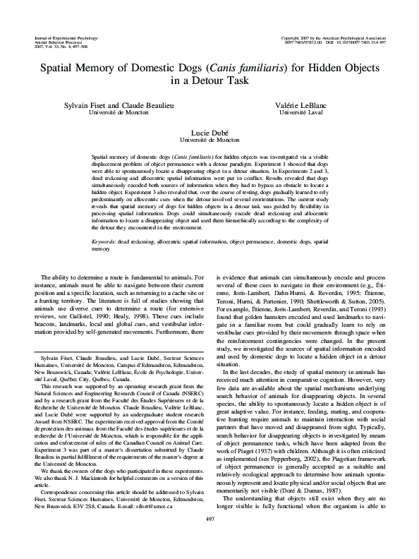 (PDF) Spatial memory of domestic dogs (Canis familiaris) for hidden ...