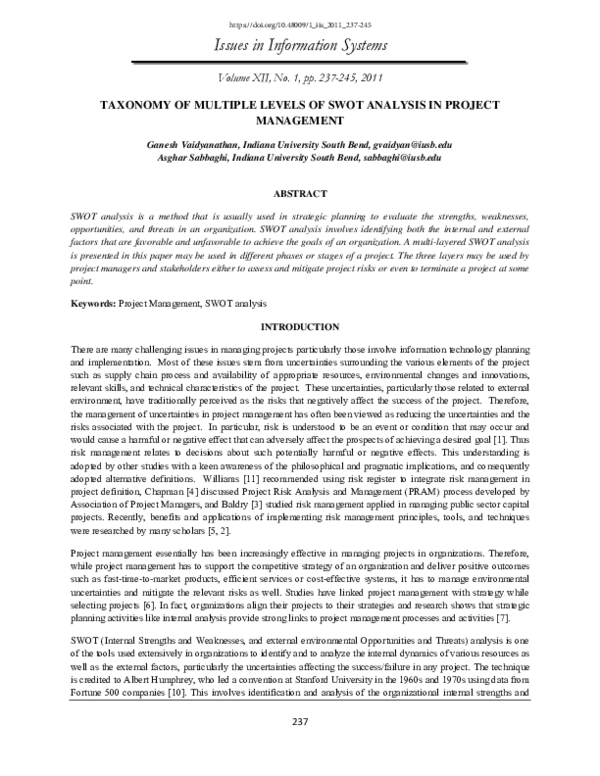 (PDF) Taxonomy of Multiple Levels of Swot Analysis in Project Management