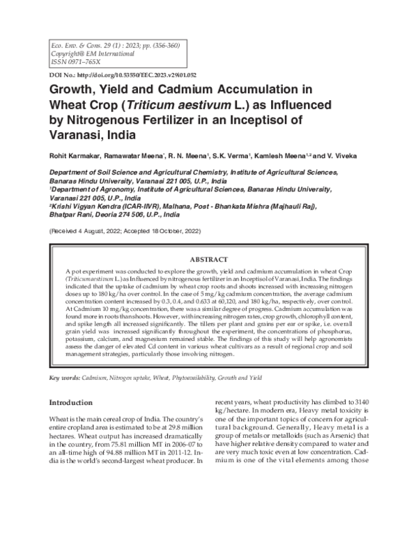 (PDF) Growth, Yield and Cadmium Accumulation in Wheat Crop (Triticum ...